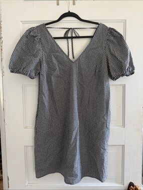 a new day Black & White Gingham V-Neck Puff Sleeve Mini Dress